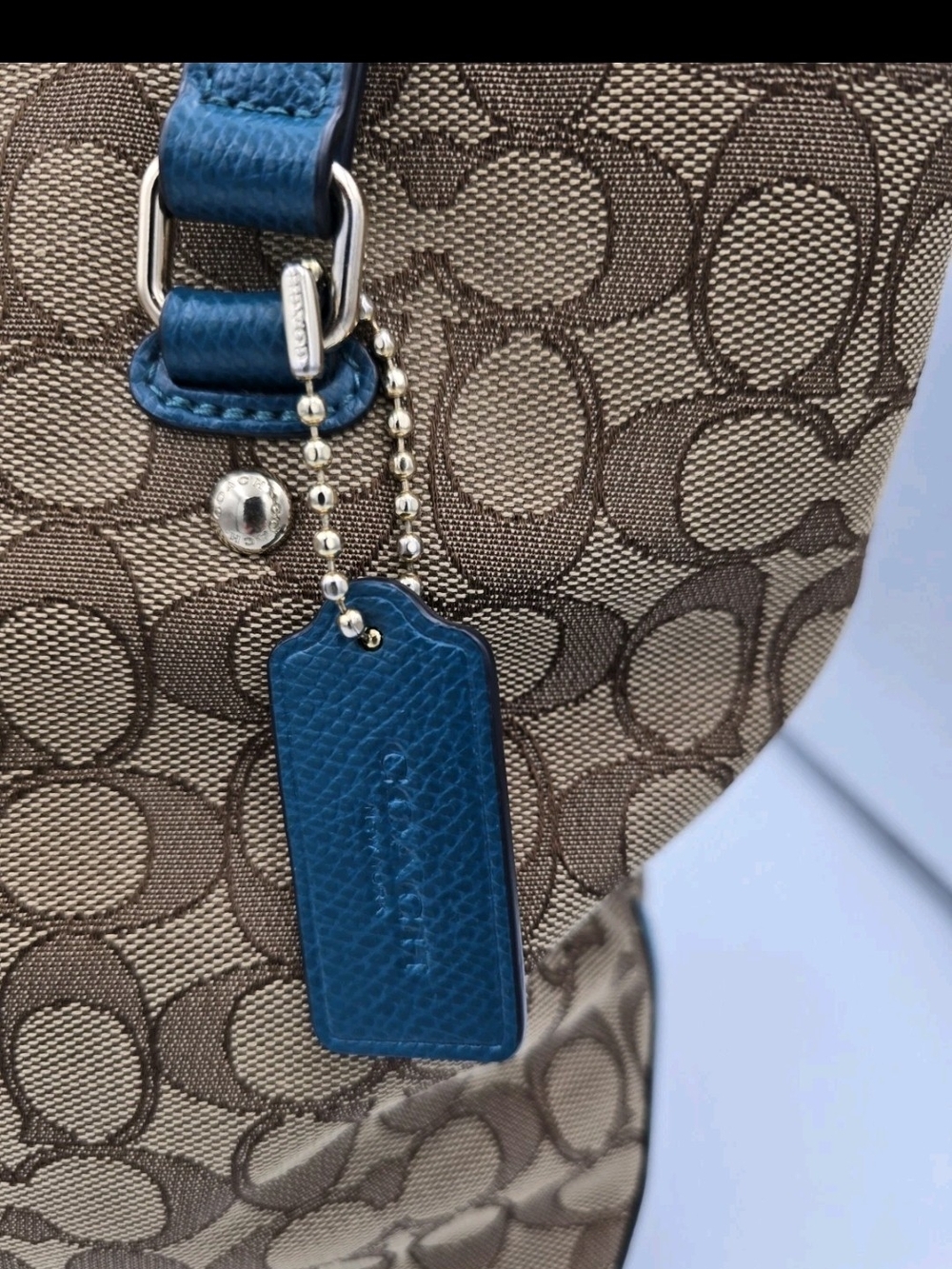 Coach Brown Signature Tote with Blue Trim - Picture 5 of 11